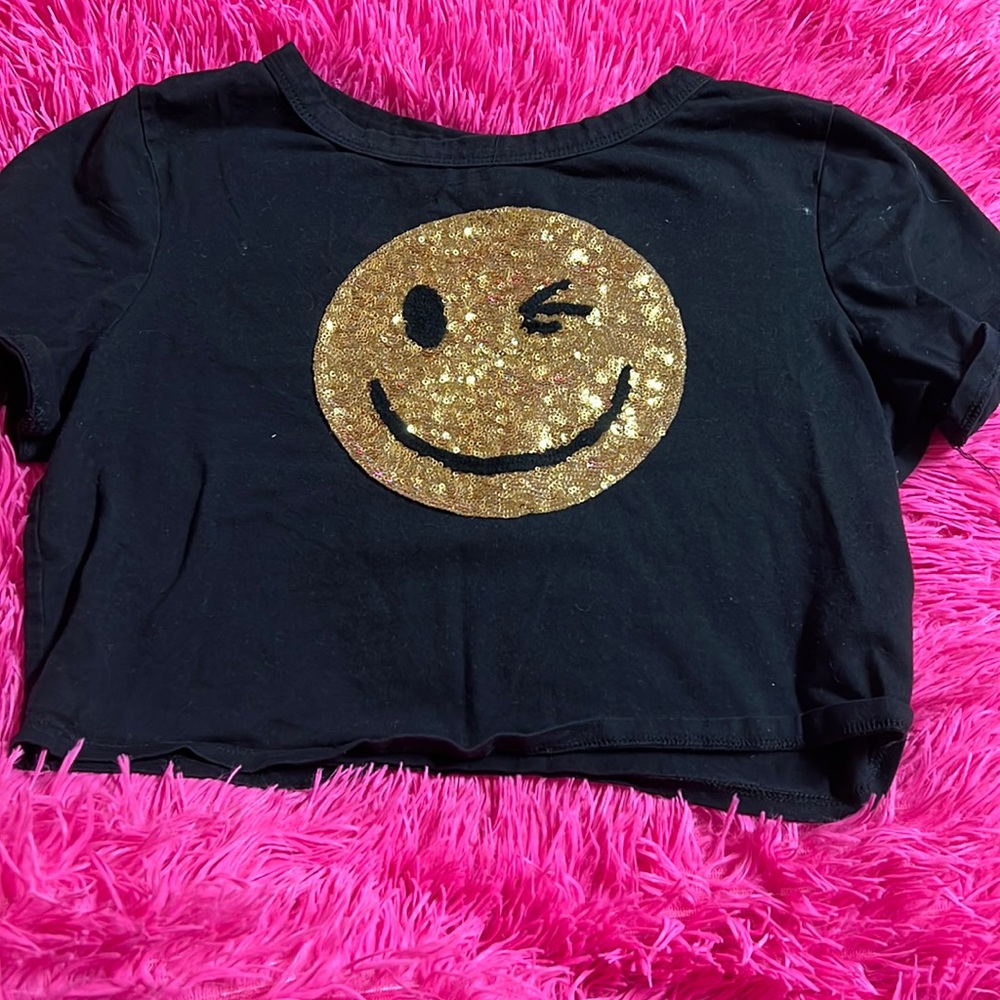 Black crop top with smiley face